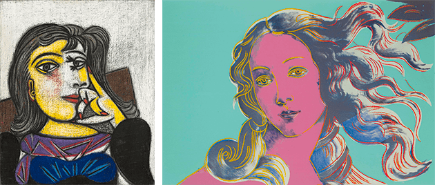 [left] Pablo Picasso, Portrait of Dora Maar, 1937. Musée Picasso, Paris. Image: © RMN-Grand Palais / Art Resource, NY, Artwork: © 2022 Estate of Pablo Picasso / Artists Rights Society (ARS), New York [right] Andy Warhol, Birth of Venus (After Botticelli), 1984. Artwork: © 2022 The Andy Warhol Foundation for the Visual Arts, Inc. / Licensed by Artists Rights Society (ARS), New York